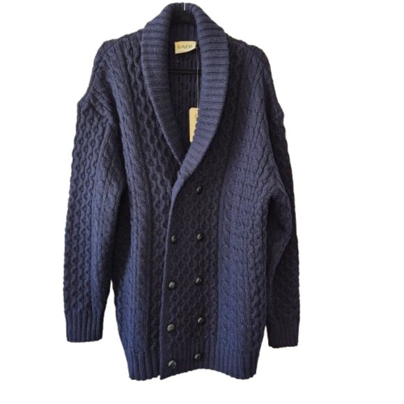 NWT SAOL Ireland Merino Wool Navy Shawl Collar Irish Aran Cardigan Sweater XXL - Picture 2 of 12